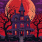 Gothic Mansion Under a Blood Moon paint by numbers kit, dark mansion silhouette under a red moon