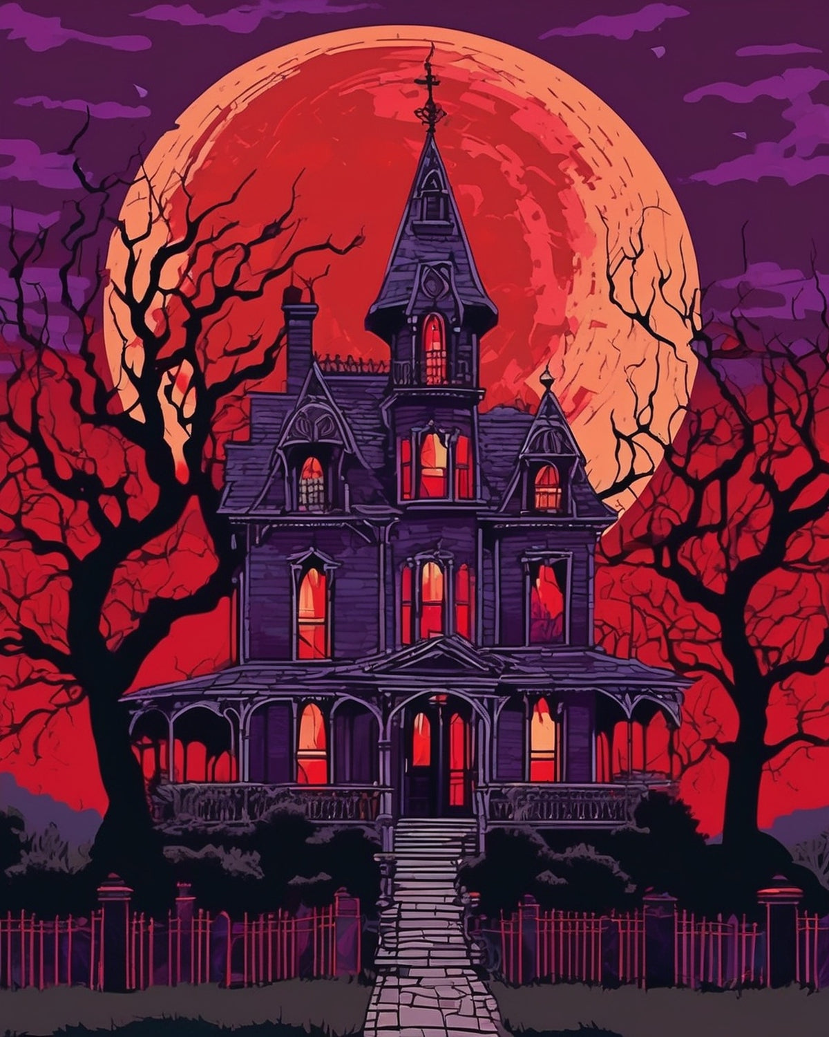 Gothic Mansion Under a Blood Moon paint by numbers kit, dark mansion silhouette under a red moon