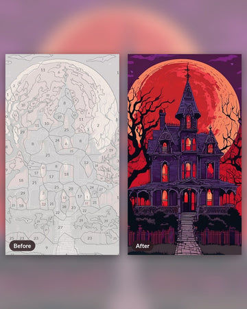 Gothic Mansion Under a Blood Moon paint by numbers kit, before and after