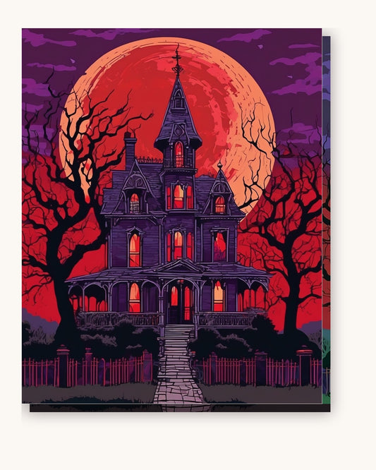 Gothic Mansion Under a Blood Moon paint by numbers kit on stretched canvas