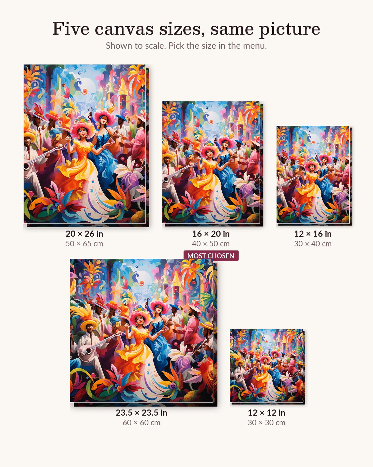 Gouache Jubilee canvas sizes from 12 x 12 to 23.5 x 23.5 inches