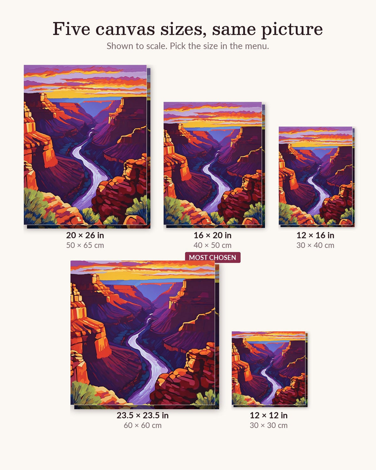 Grand Canyon at Sunset canvas sizes from 12 x 12 to 23.5 x 23.5 inches