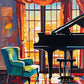 black grand piano by a tall window with orange sunset light red curtains and a teal armchair, paint by numbers kit