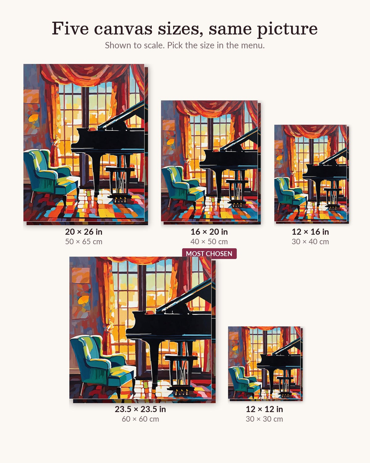 Grand Piano by a Sunset Window canvas sizes from 12 x 12 to 23.5 x 23.5 inches