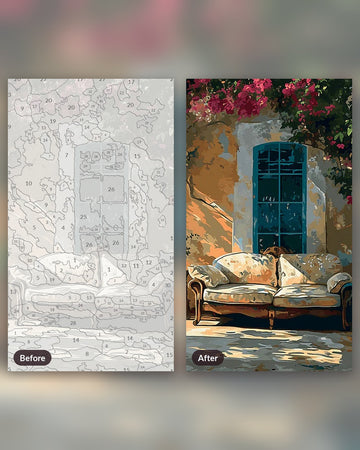 Grandparents' House paint by numbers kit, before and after