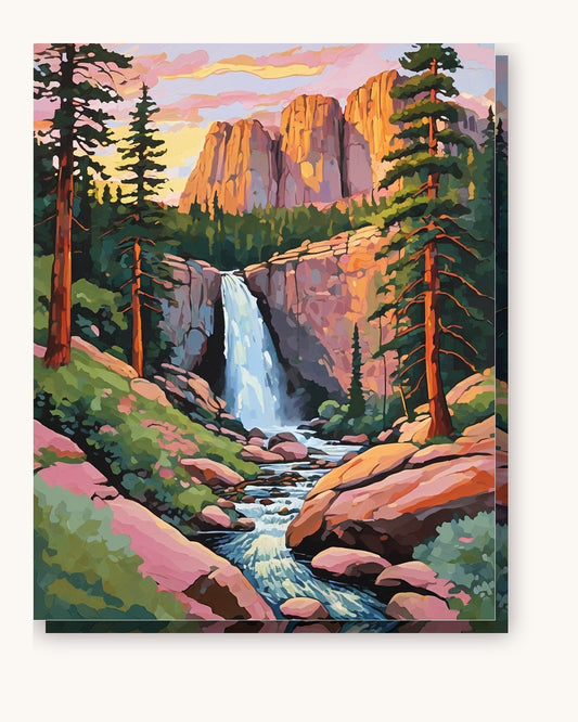 Granite Valley Waterfall at Sunrise paint by numbers kit on stretched canvas