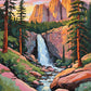 granite valley waterfall paint by numbers kit, pink cliffs, white waterfall, pine trees and rocky creek at sunrise