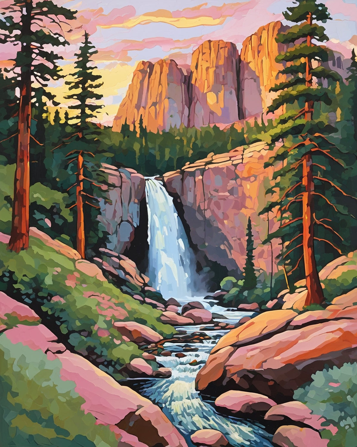 granite valley waterfall paint by numbers kit, pink cliffs, white waterfall, pine trees and rocky creek at sunrise