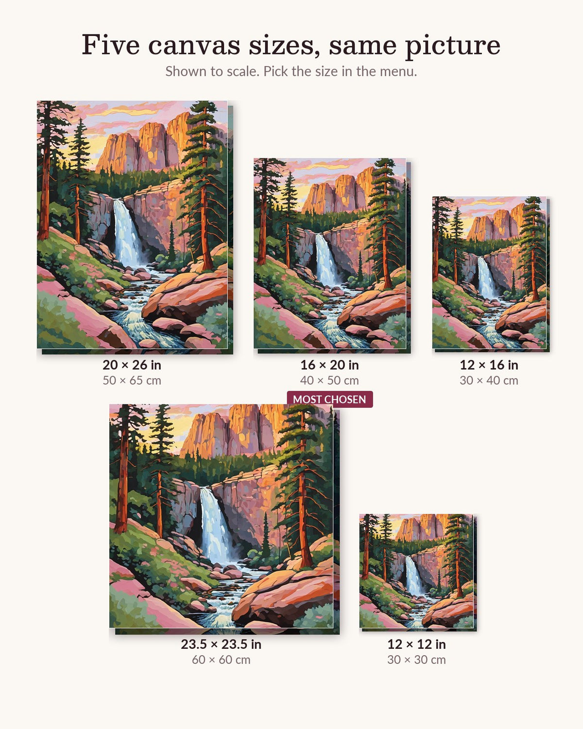 Granite Valley Waterfall at Sunrise canvas sizes from 12 x 12 to 23.5 x 23.5 inches