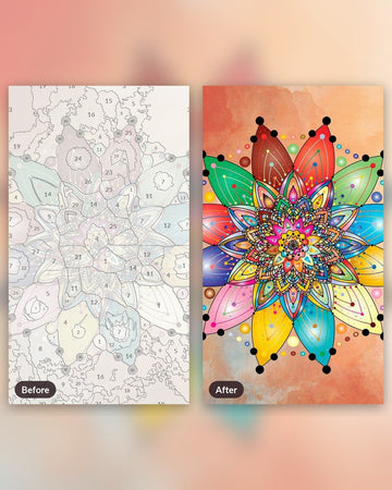 Grateful Mandala paint by numbers kit, before and after