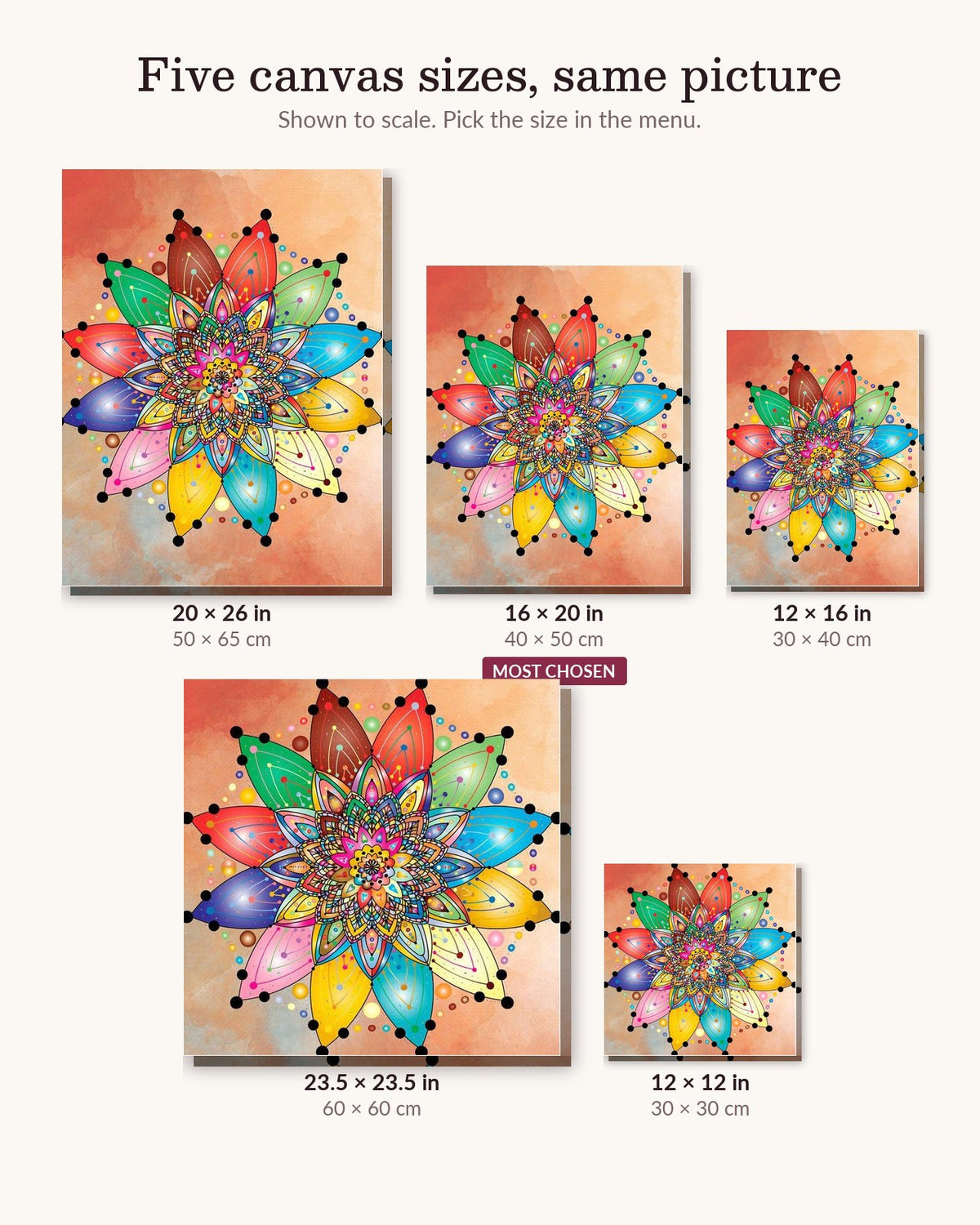 Grateful Mandala canvas sizes from 12 x 12 to 23.5 x 23.5 inches