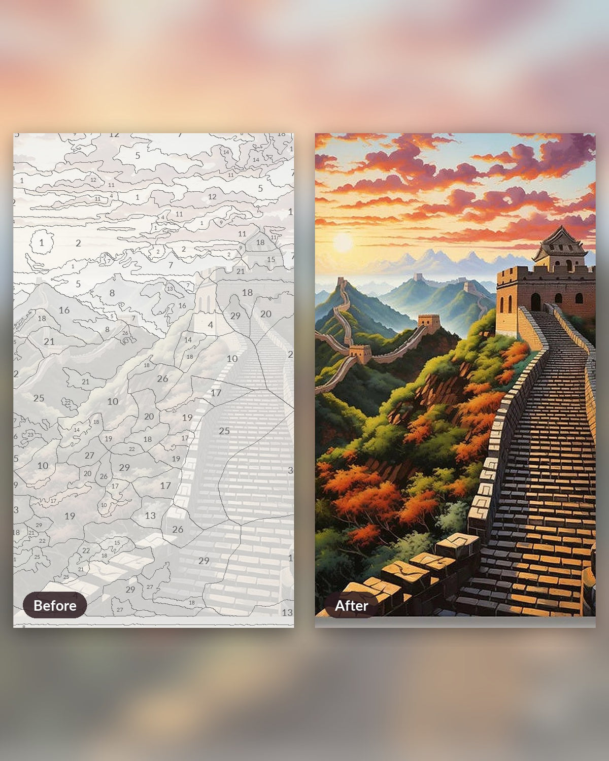 Sunset Over the Great Wall paint by numbers kit, before and after