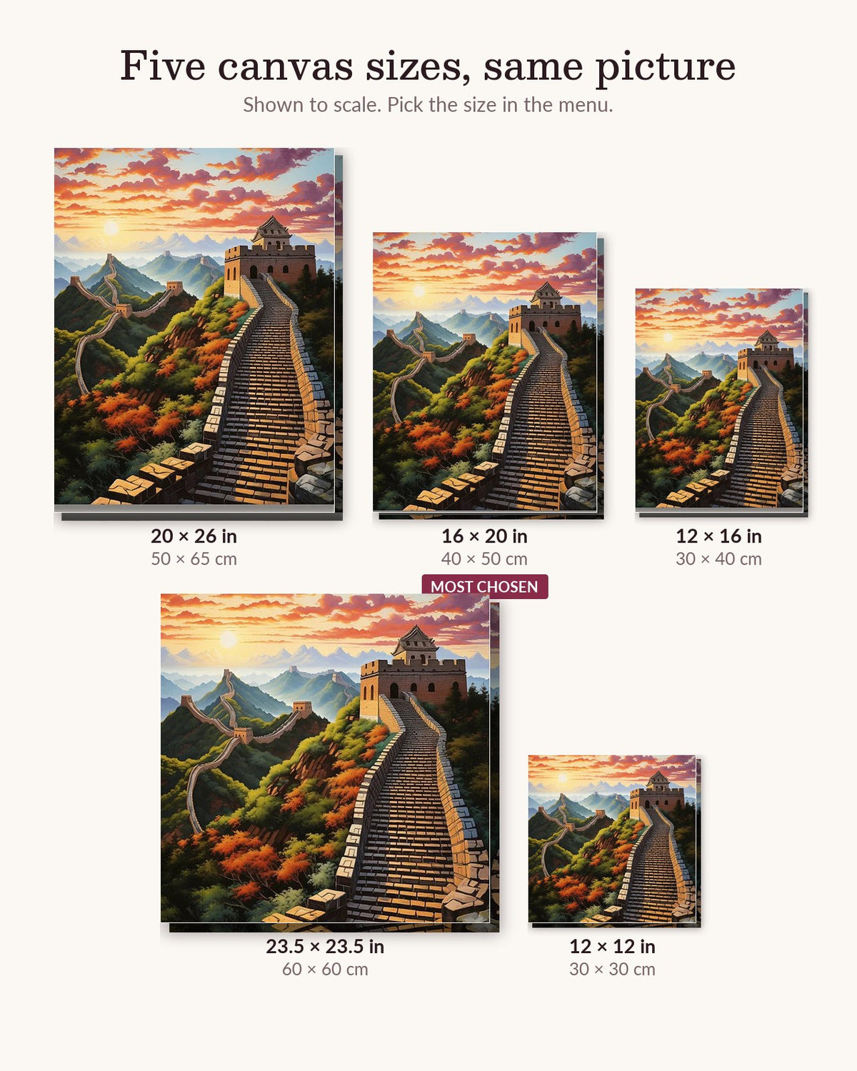 Sunset Over the Great Wall canvas sizes from 12 x 12 to 23.5 x 23.5 inches