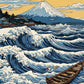 Great Wave after Hokusai paint by numbers kit, huge curling ocean waves around a wooden boat in Hokusai's woodblock style