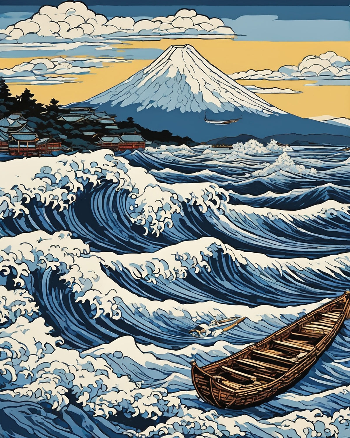 Great Wave after Hokusai paint by numbers kit, huge curling ocean waves around a wooden boat in Hokusai's woodblock style