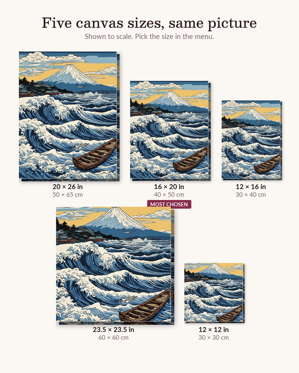Great Wave after Hokusai canvas sizes from 12 x 12 to 23.5 x 23.5 inches