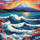 large blue waves with white foam and a snow-capped mountain under an orange sunset, paint by numbers kit