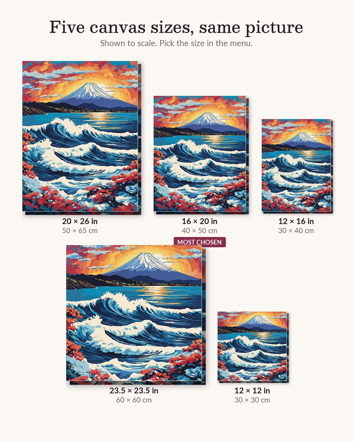 Great Wave and Mount Fuji at Sunset canvas sizes from 12 x 12 to 23.5 x 23.5 inches