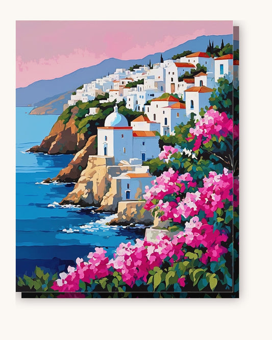 Greek Island Village and Pink Bougainvillea paint by numbers kit on stretched canvas