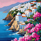 white village and domed chapel on a cliff above blue sea with pink bougainvillea, paint by numbers kit