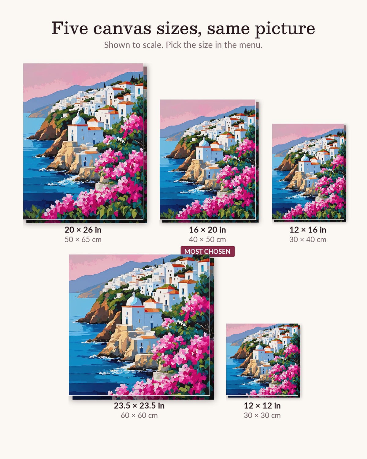 Greek Island Village and Pink Bougainvillea canvas sizes from 12 x 12 to 23.5 x 23.5 inches