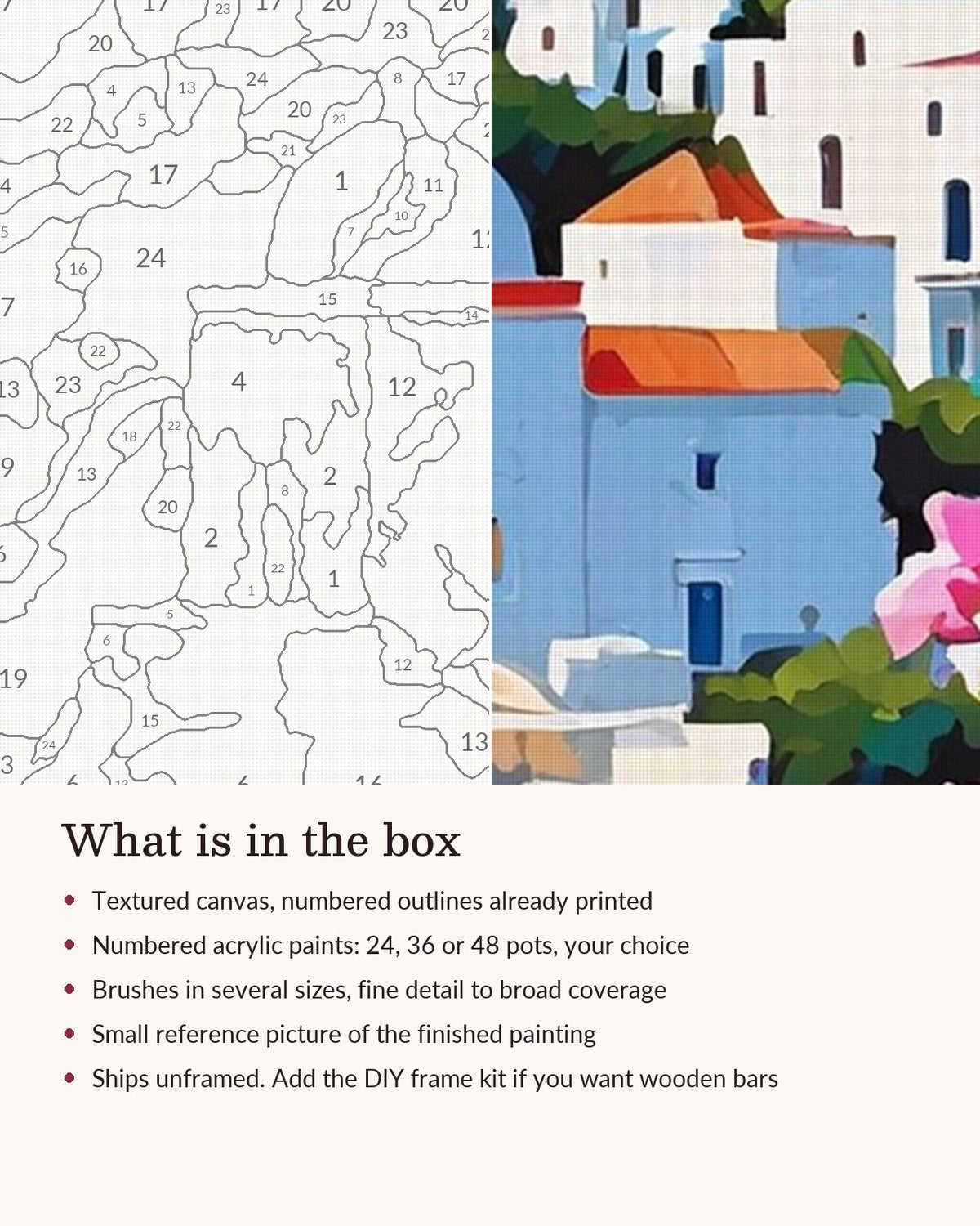 Close-up of the Greek Island Village and Pink Bougainvillea canvas texture and printed numbers