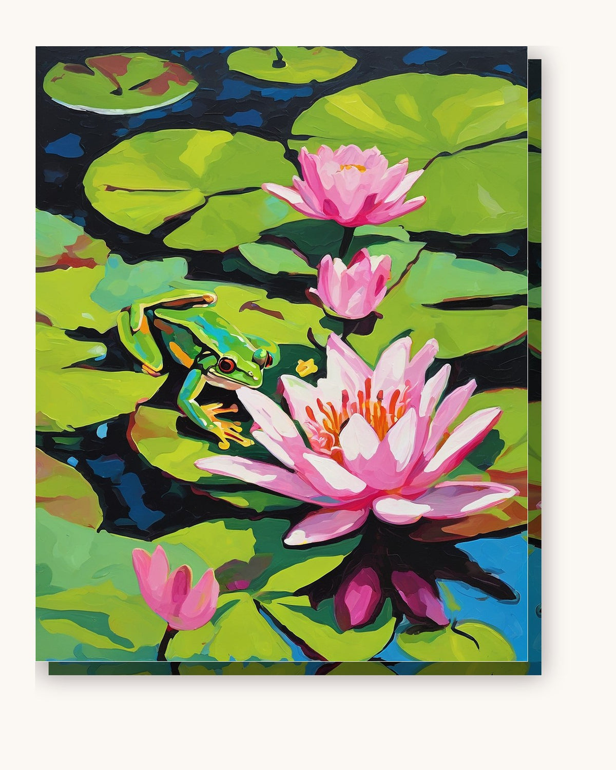 Green Frog Beside a Pink Water Lily paint by numbers kit on stretched canvas