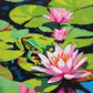 green frog on a lily pad beside pink water lilies in a dark blue pond, paint by numbers kit