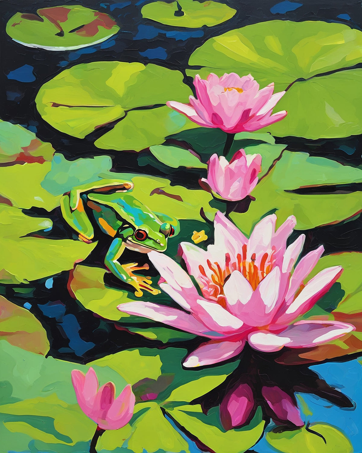 green frog on a lily pad beside pink water lilies in a dark blue pond, paint by numbers kit