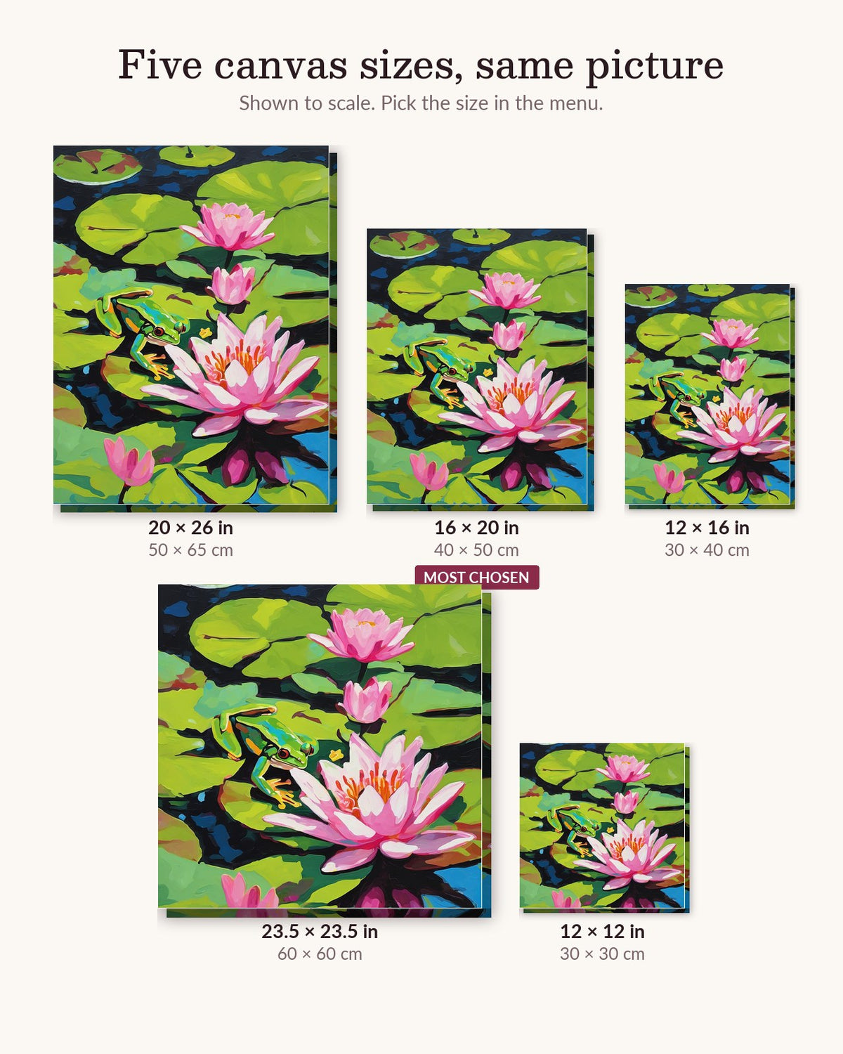 Green Frog Beside a Pink Water Lily canvas sizes from 12 x 12 to 23.5 x 23.5 inches
