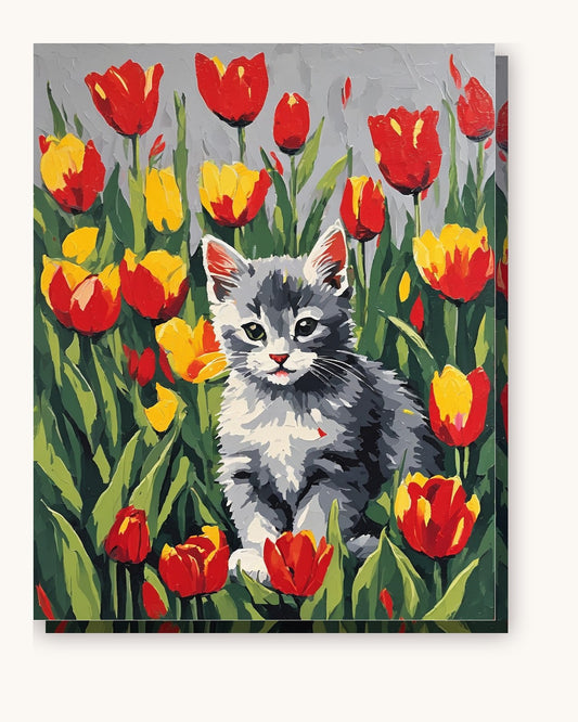Grey Kitten among the Tulips paint by numbers kit on stretched canvas