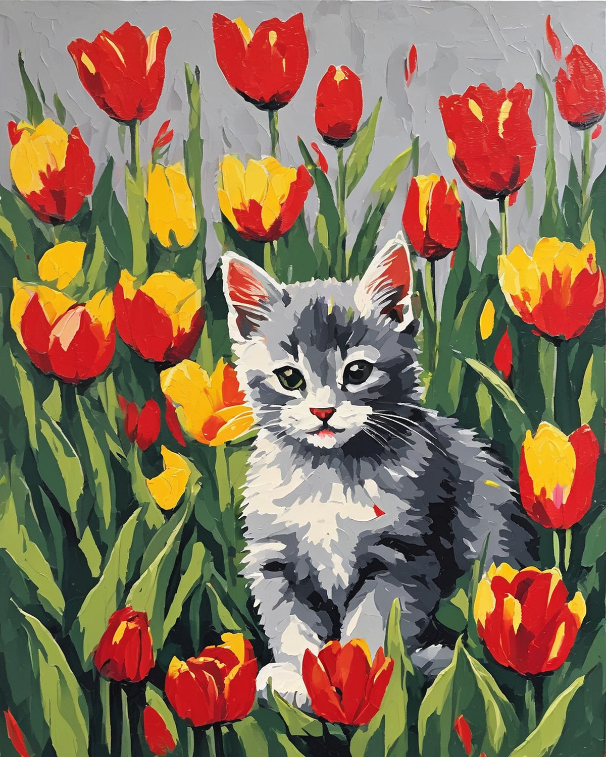 grey and white kitten sitting among red and yellow tulips, paint by numbers kit