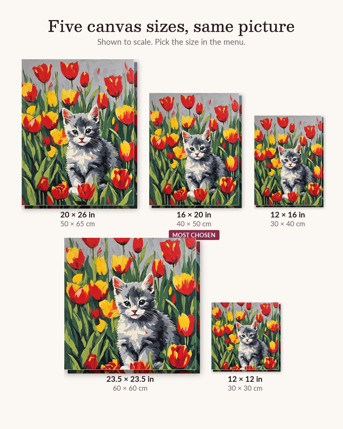 Grey Kitten among the Tulips canvas sizes from 12 x 12 to 23.5 x 23.5 inches
