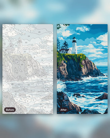 Guiding Light Vista paint by numbers kit, before and after