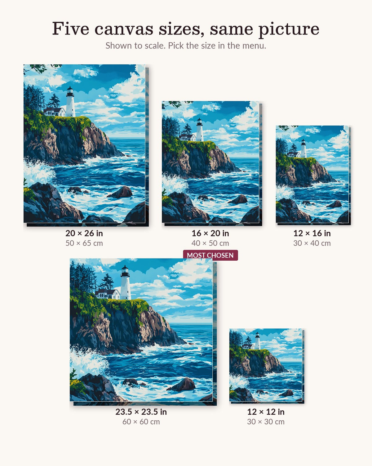 Guiding Light Vista canvas sizes from 12 x 12 to 23.5 x 23.5 inches