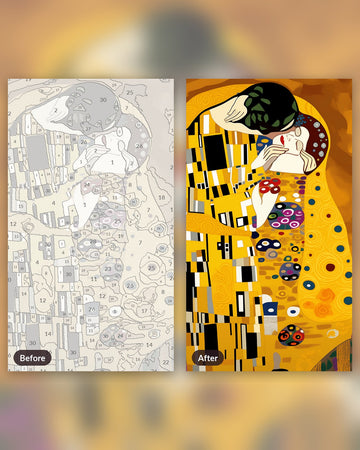Gustav Klimt The Kiss paint by numbers kit, before and after