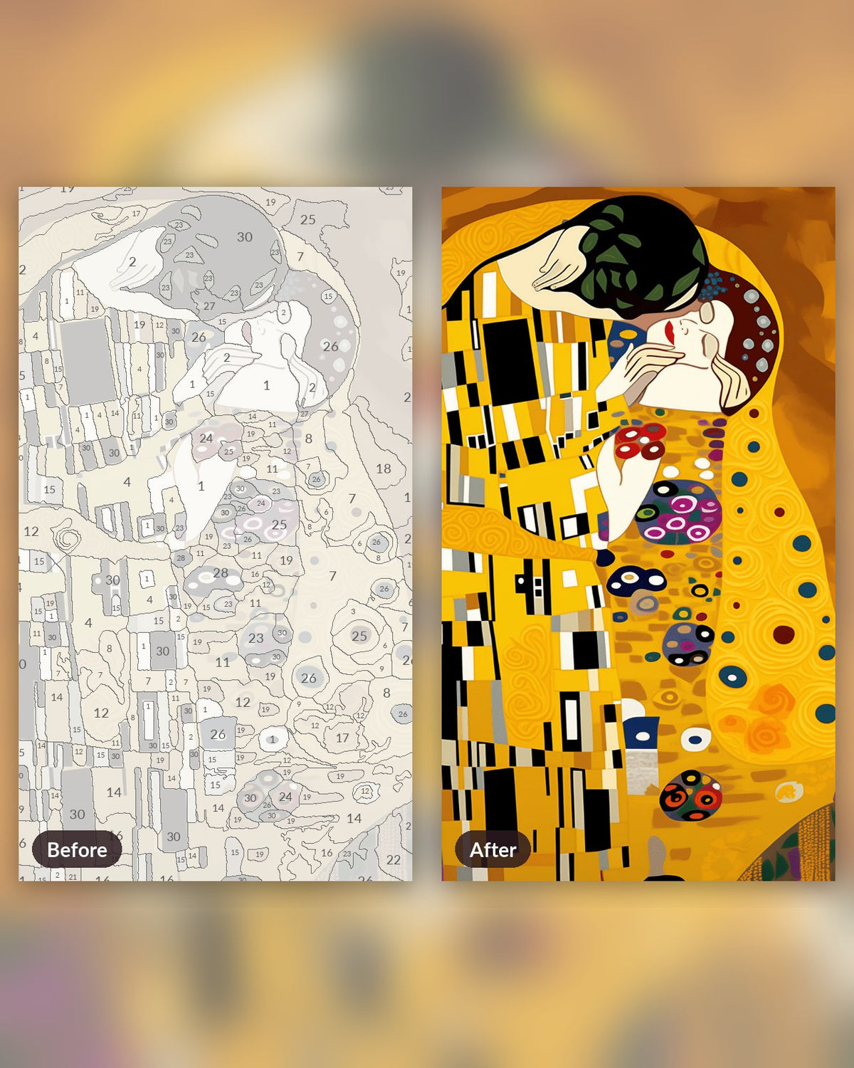 Gustav Klimt The Kiss paint by numbers kit, before and after