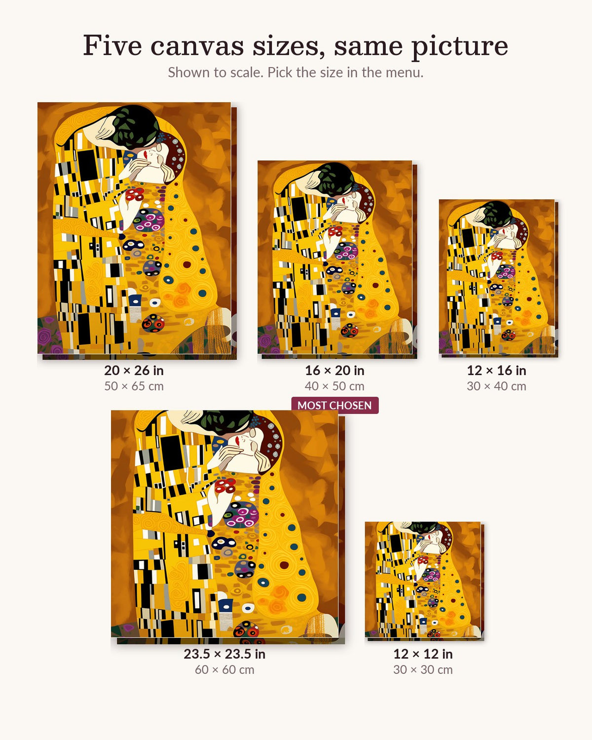 Gustav Klimt The Kiss canvas sizes from 12 x 12 to 23.5 x 23.5 inches