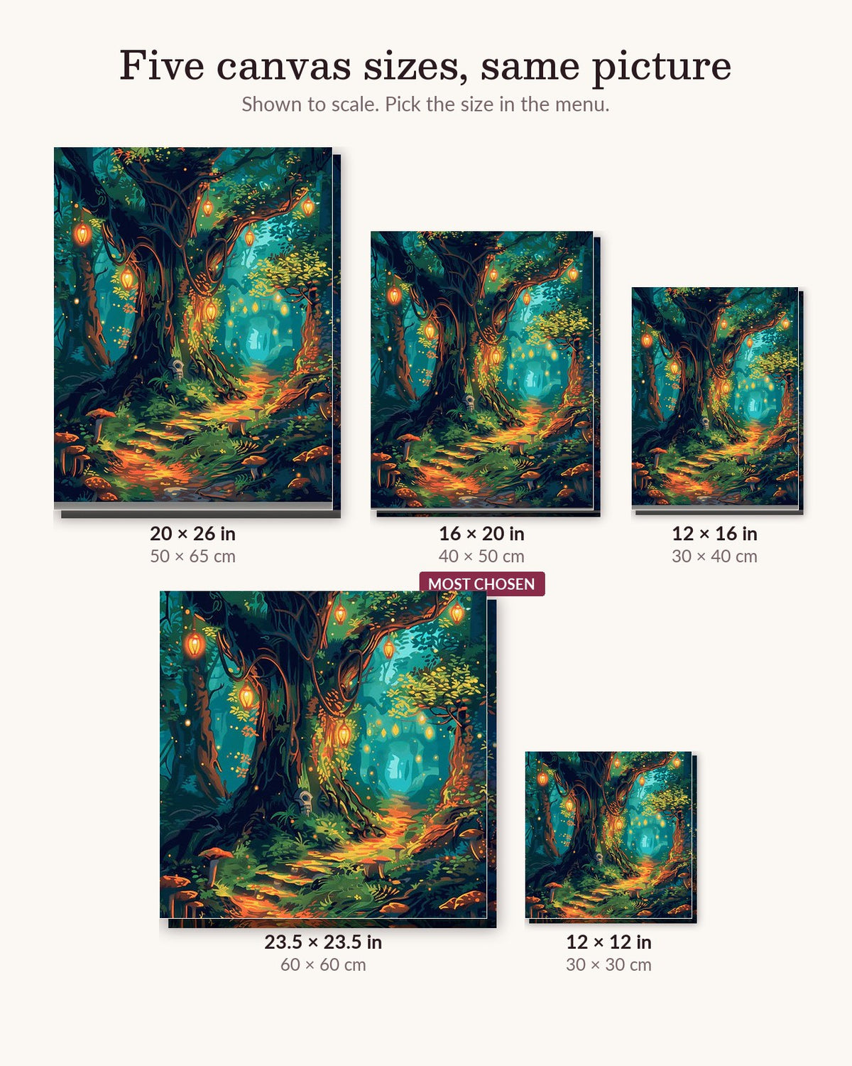 Illuminated Woodland canvas sizes from 12 x 12 to 23.5 x 23.5 inches