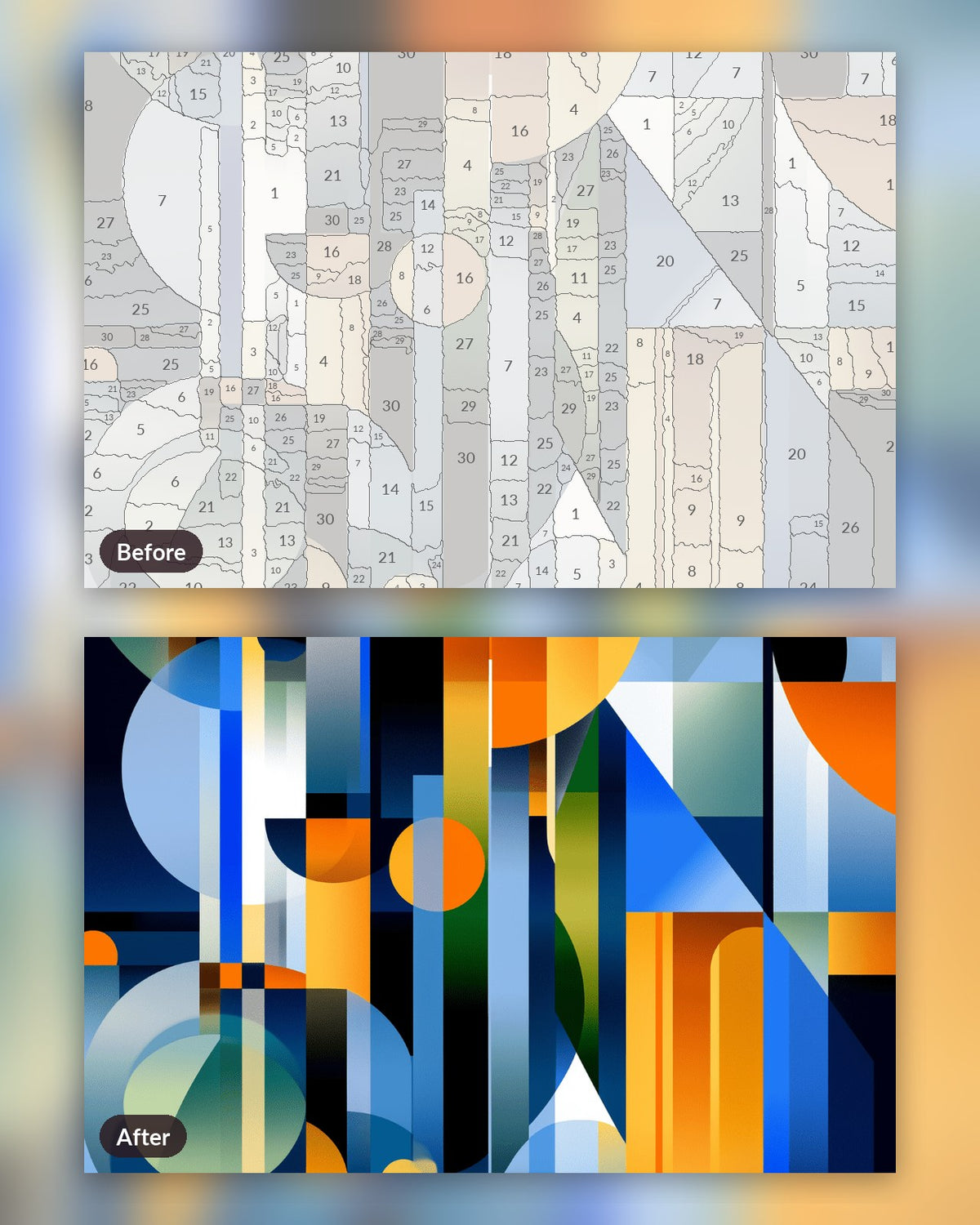 Harmonic Geometry paint by numbers kit, before and after