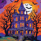 Haunted House on the Hill paint by numbers kit, a Victorian haunted house on a hill under a full moon with bats