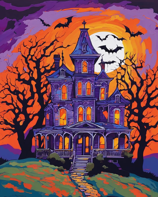 Haunted House on the Hill paint by numbers kit, a Victorian haunted house on a hill under a full moon with bats