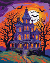 Haunted House on the Hill paint by numbers kit, a Victorian haunted house on a hill under a full moon with bats
