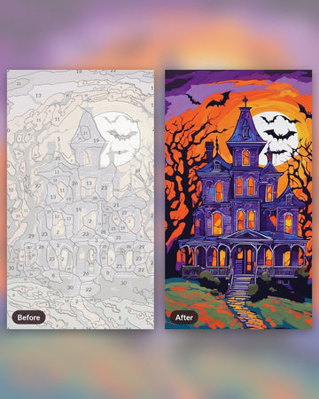 Haunted House on the Hill paint by numbers kit, before and after