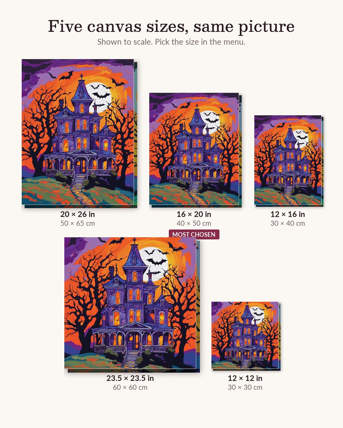 Haunted House on the Hill canvas sizes from 12 x 12 to 23.5 x 23.5 inches