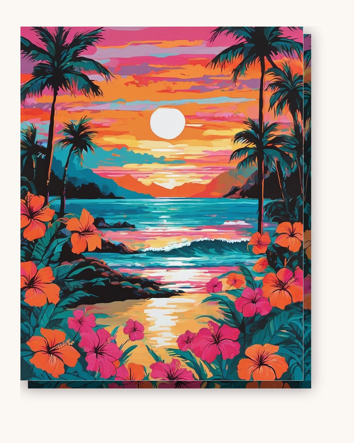 Hawaiian Beach Sunset with Hibiscus paint by numbers kit on stretched canvas