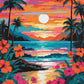 hawaiian beach sunset paint by numbers kit, palm trees, turquoise water and pink hibiscus flowers