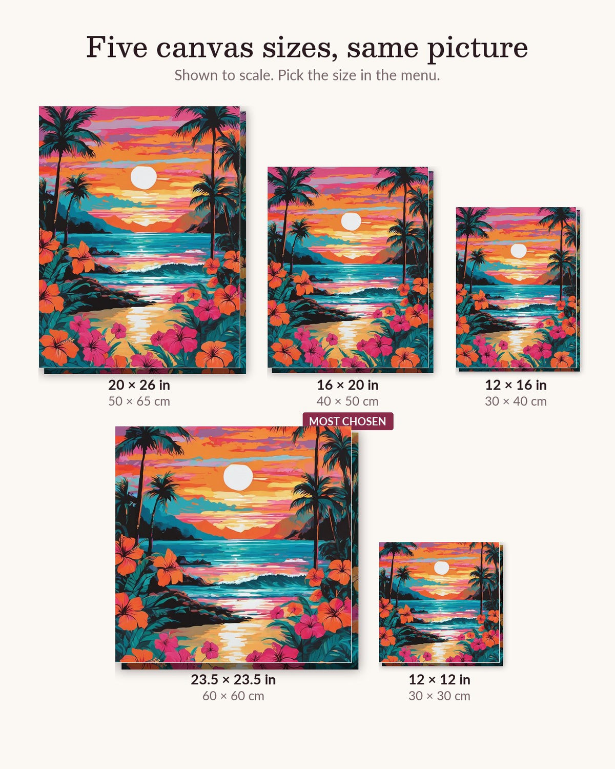 Hawaiian Beach Sunset with Hibiscus canvas sizes from 12 x 12 to 23.5 x 23.5 inches
