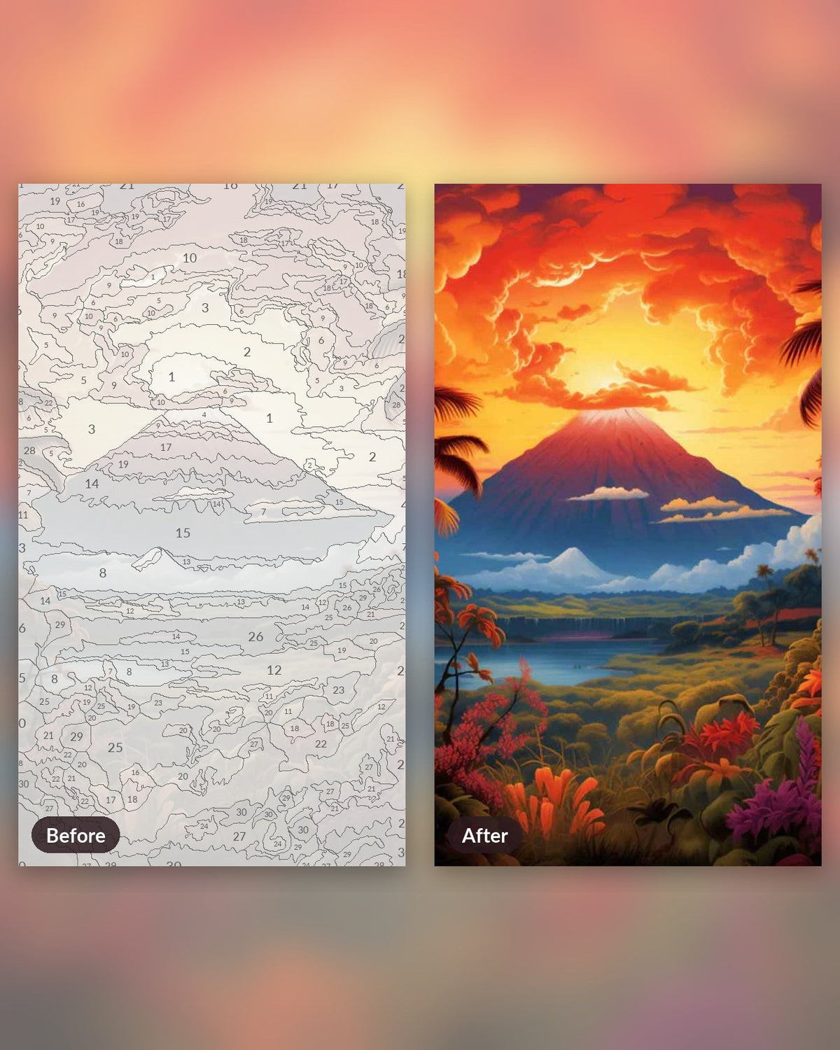 Hawaii's Lava Giant paint by numbers kit, before and after