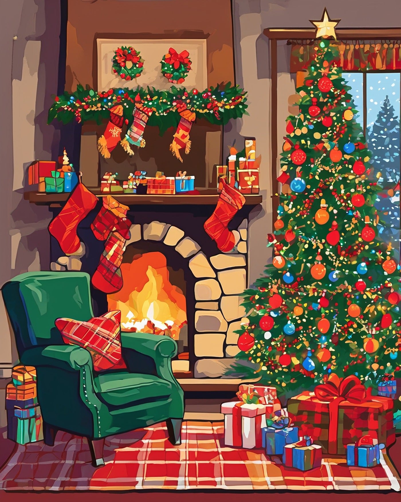 Hearth and Stockings paint by numbers kit, Christmas fireplace with stockings and a lit tree